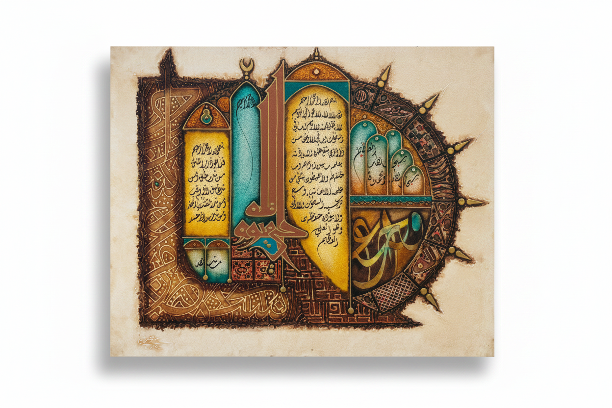 Islamic illuminated manuscript art on white background with shadow, no frame – product shot