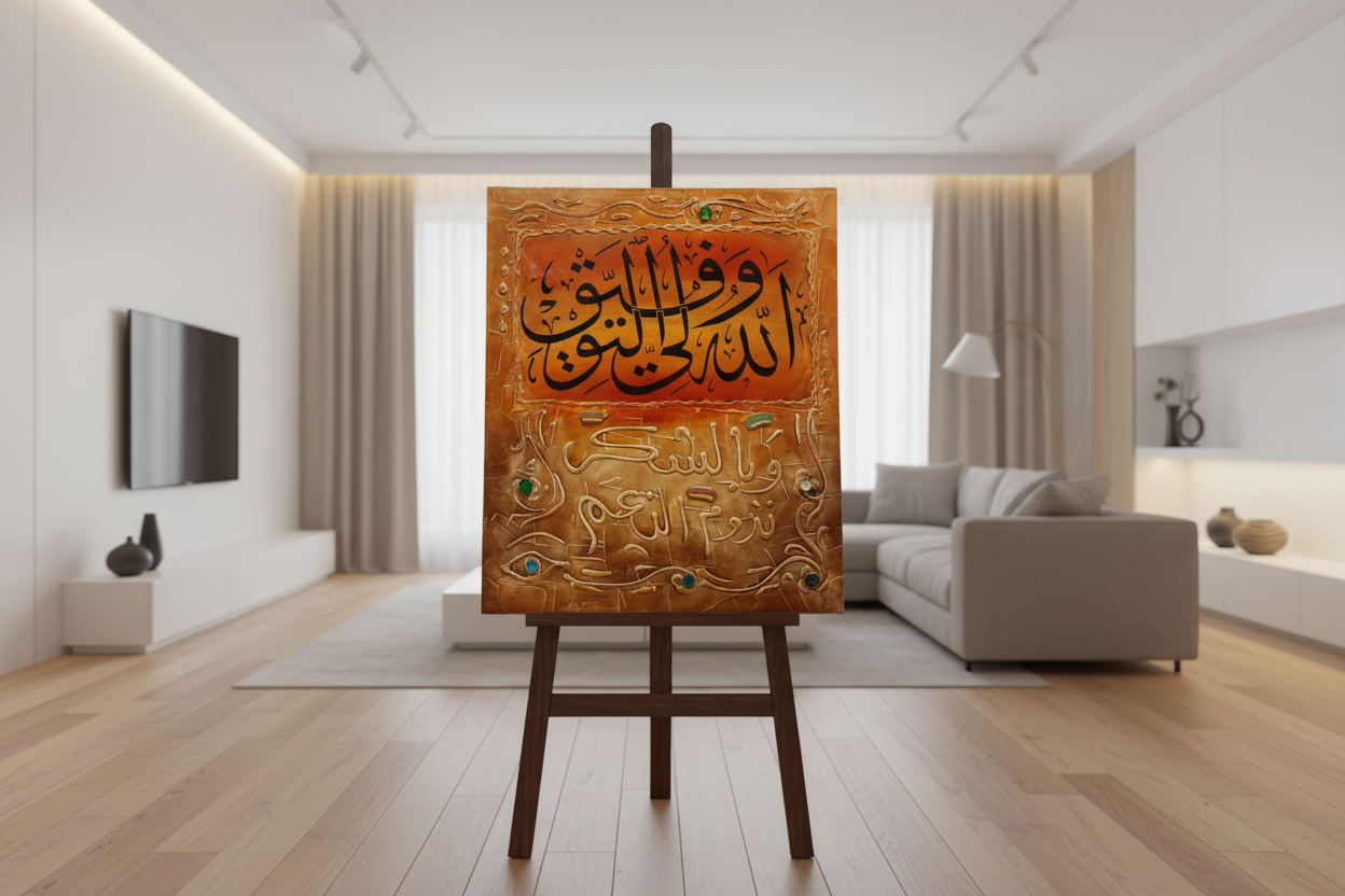 Golden amber Islamic calligraphy panel displayed on easel stand in modern living room