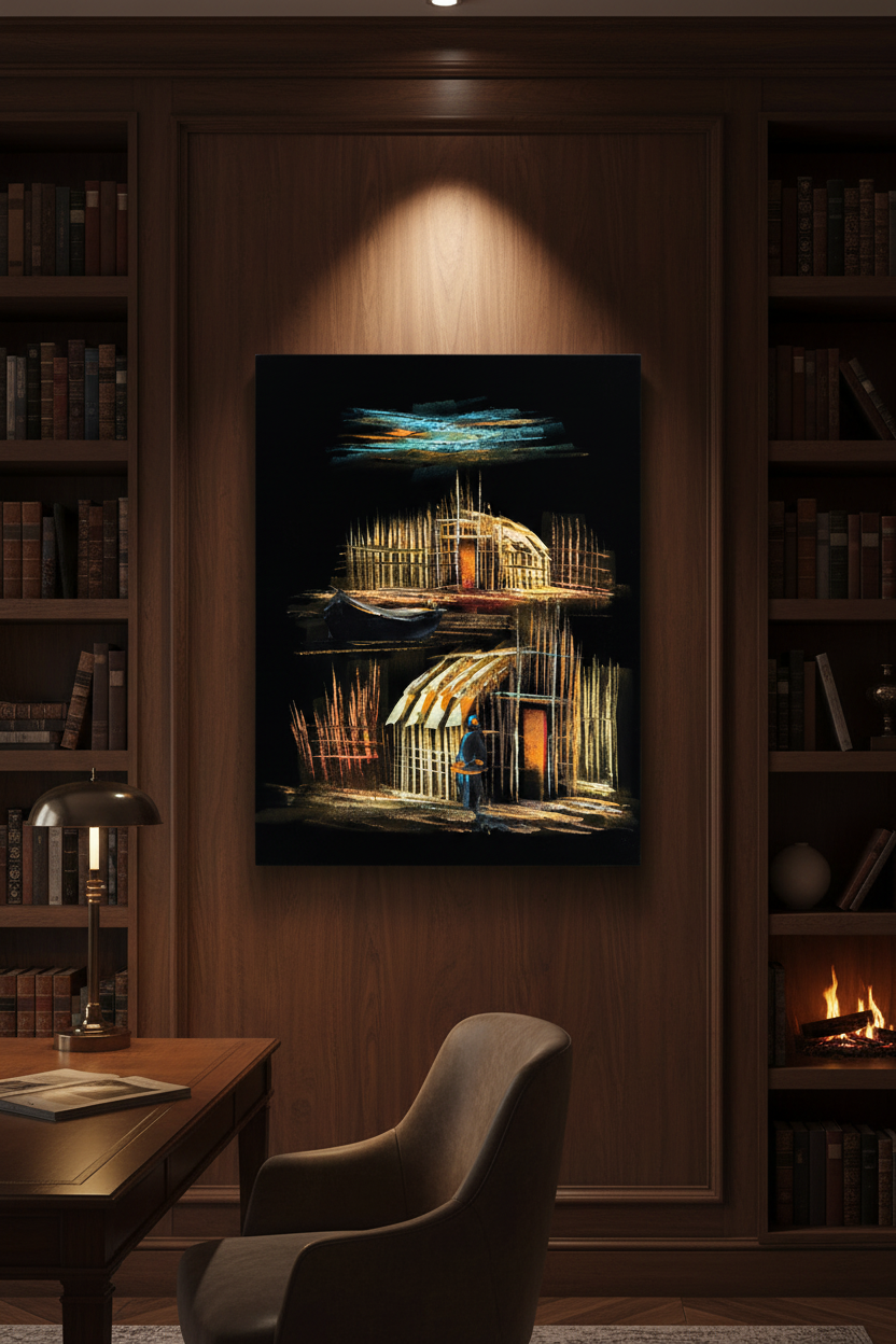 Marsh Village at Night oil painting on dark walnut brown wall in masculine study — no frame, premium interior art display