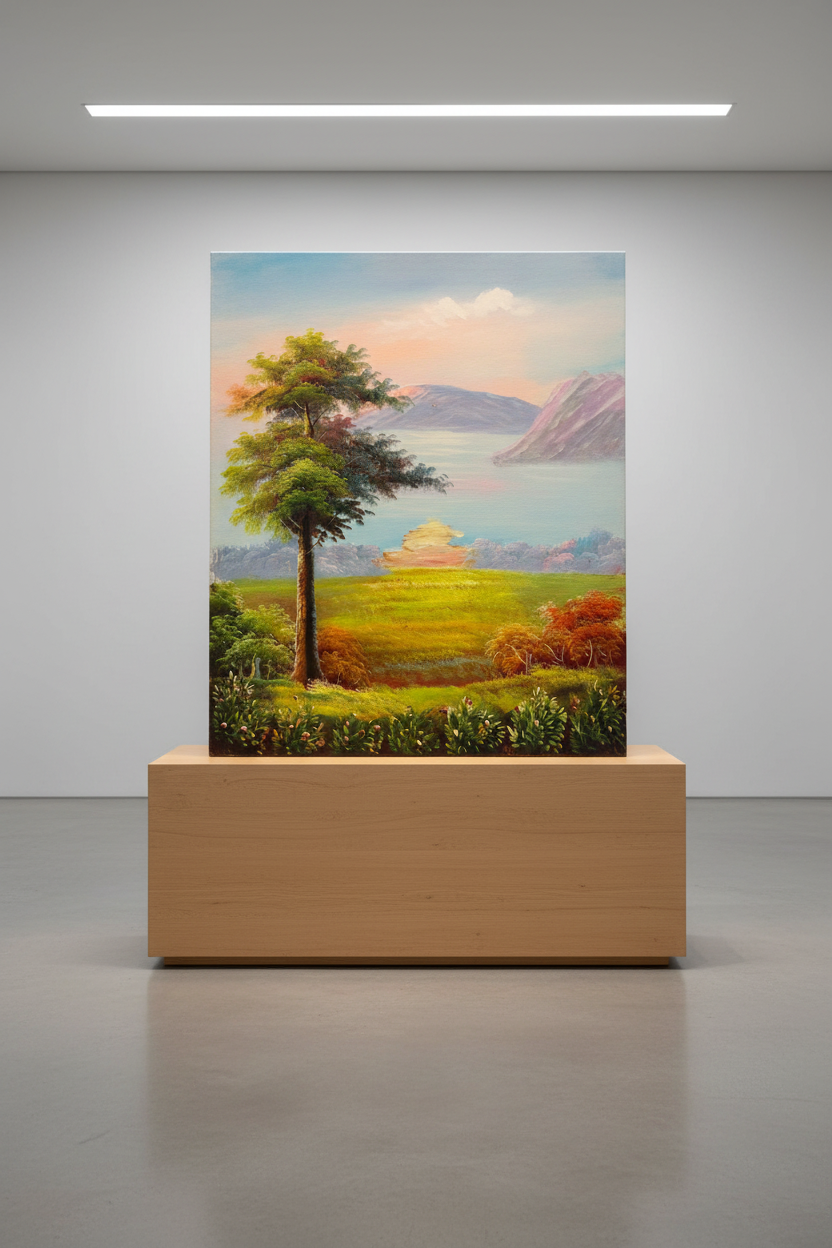 Golden meadow landscape oil painting displayed on a luxury wooden gallery easel stand