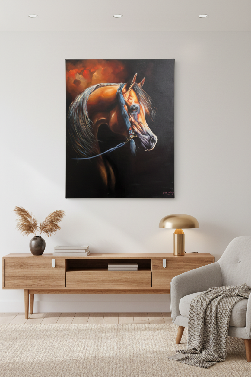 Arabian horse portrait canvas displayed above a wooden console stand in a warm modern interior