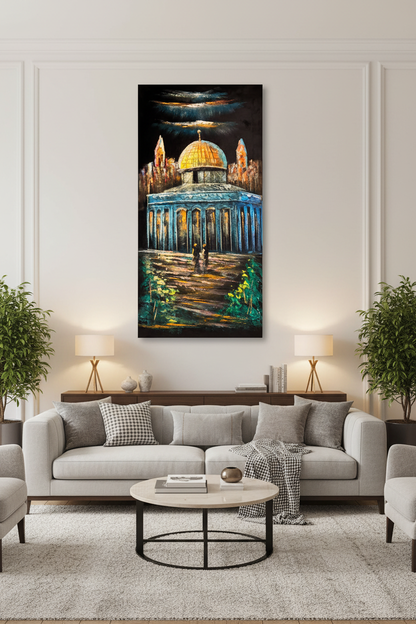 Dome of the Rock painting displayed in luxury living room area setting