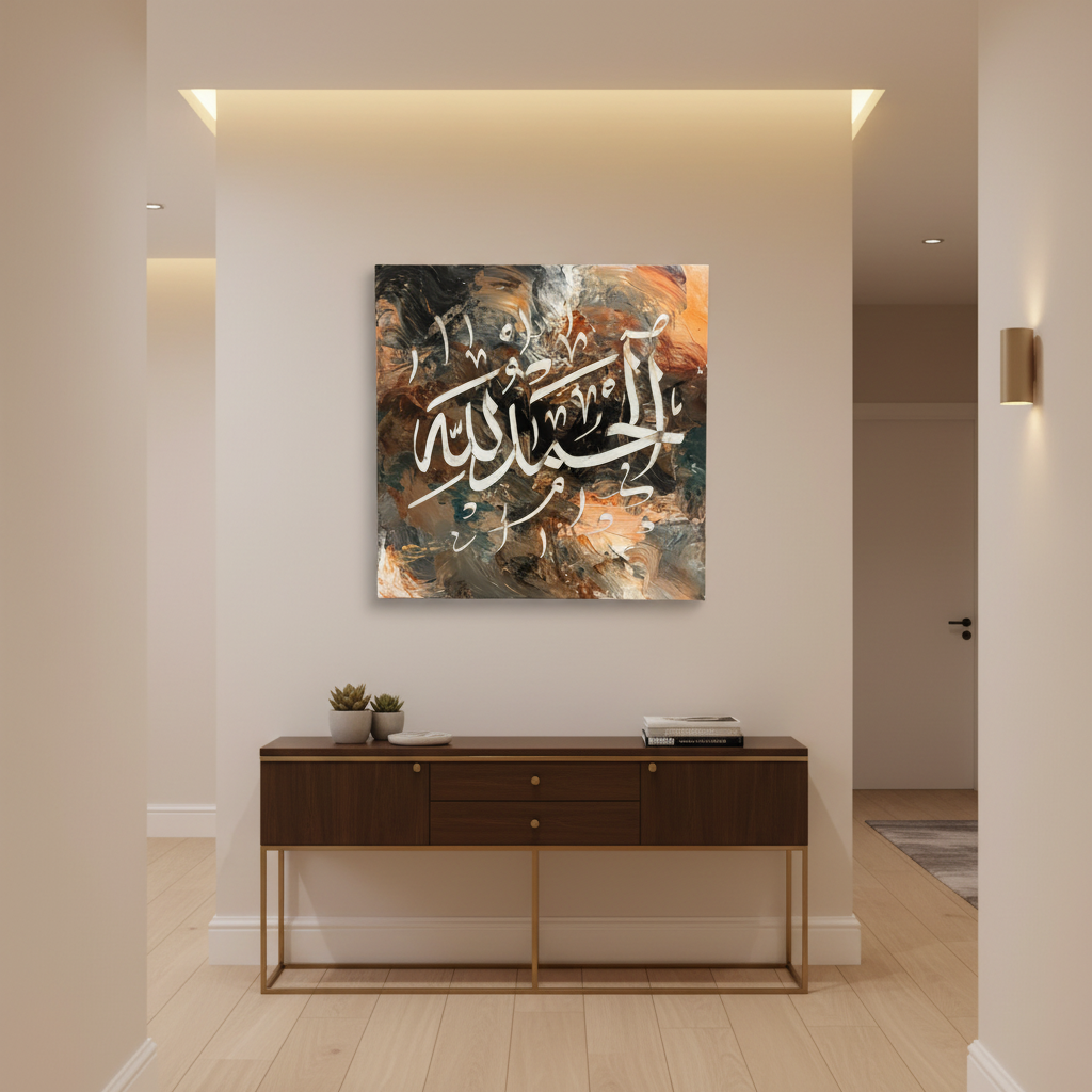 Alhamdulillah dark teal copper slate square canvas art displayed in a modern hallway, no frame