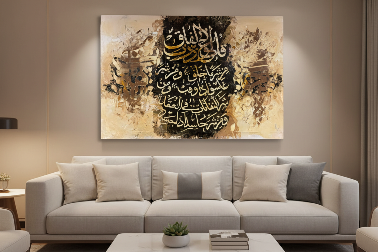 Surah Al-Falaq ivory gold impasto calligraphy canvas displayed in a modern living room above a sofa, no frame