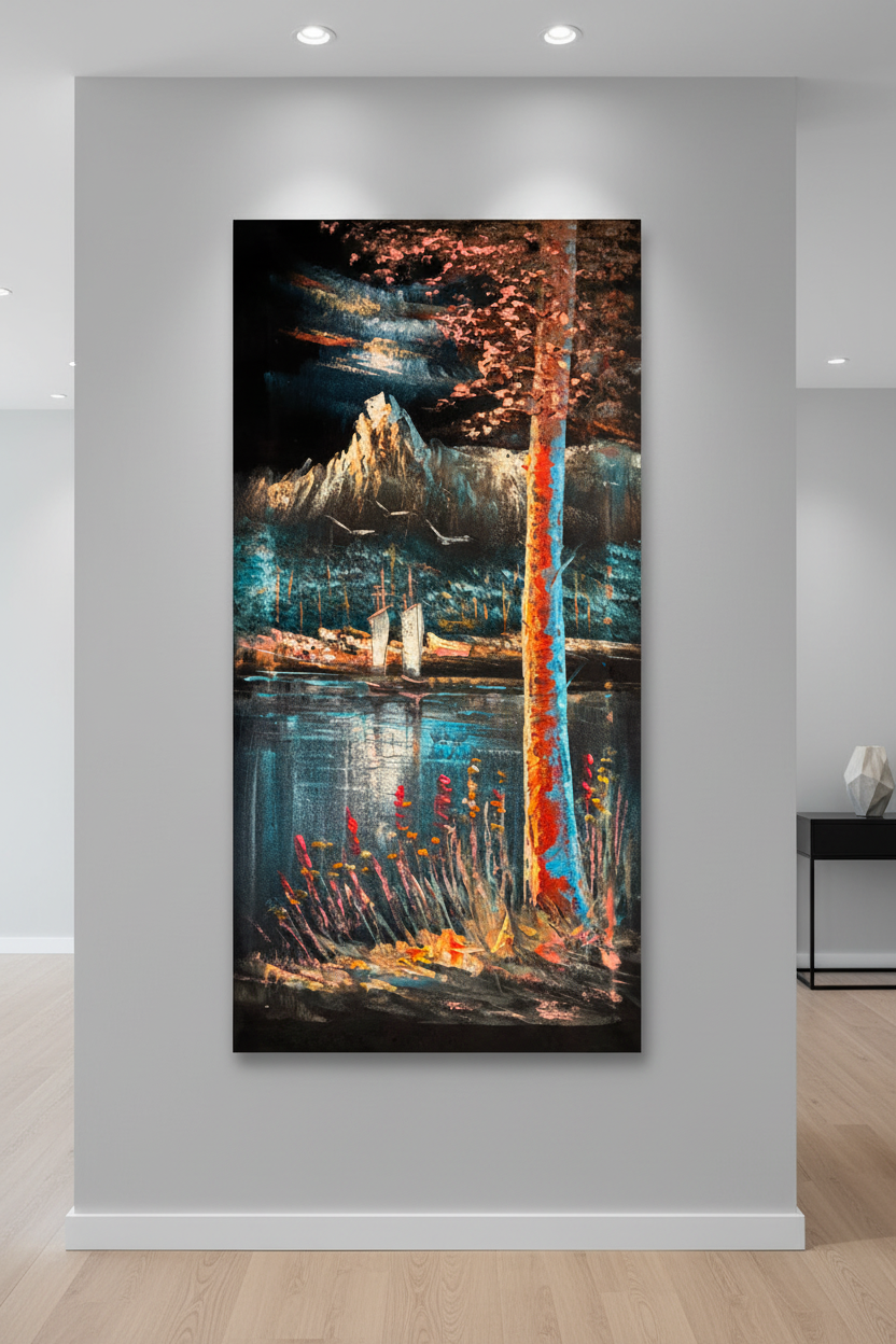 Mountain Lake painting displayed in modern hallway interior setting