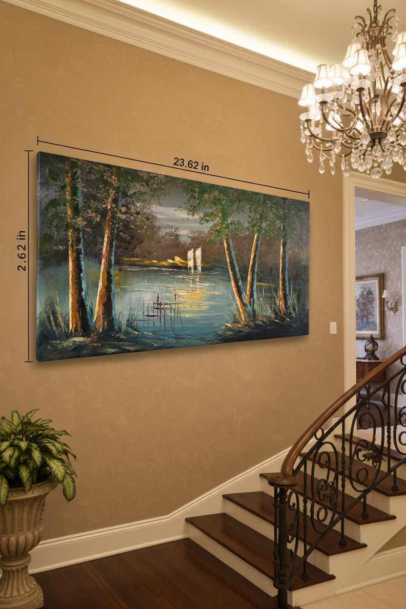 Sailboat at Moonrise oil painting mounted on staircase wall, no frame