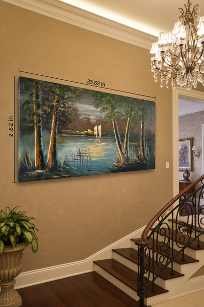 Sailboat at Moonrise oil painting mounted on staircase wall, no frame
