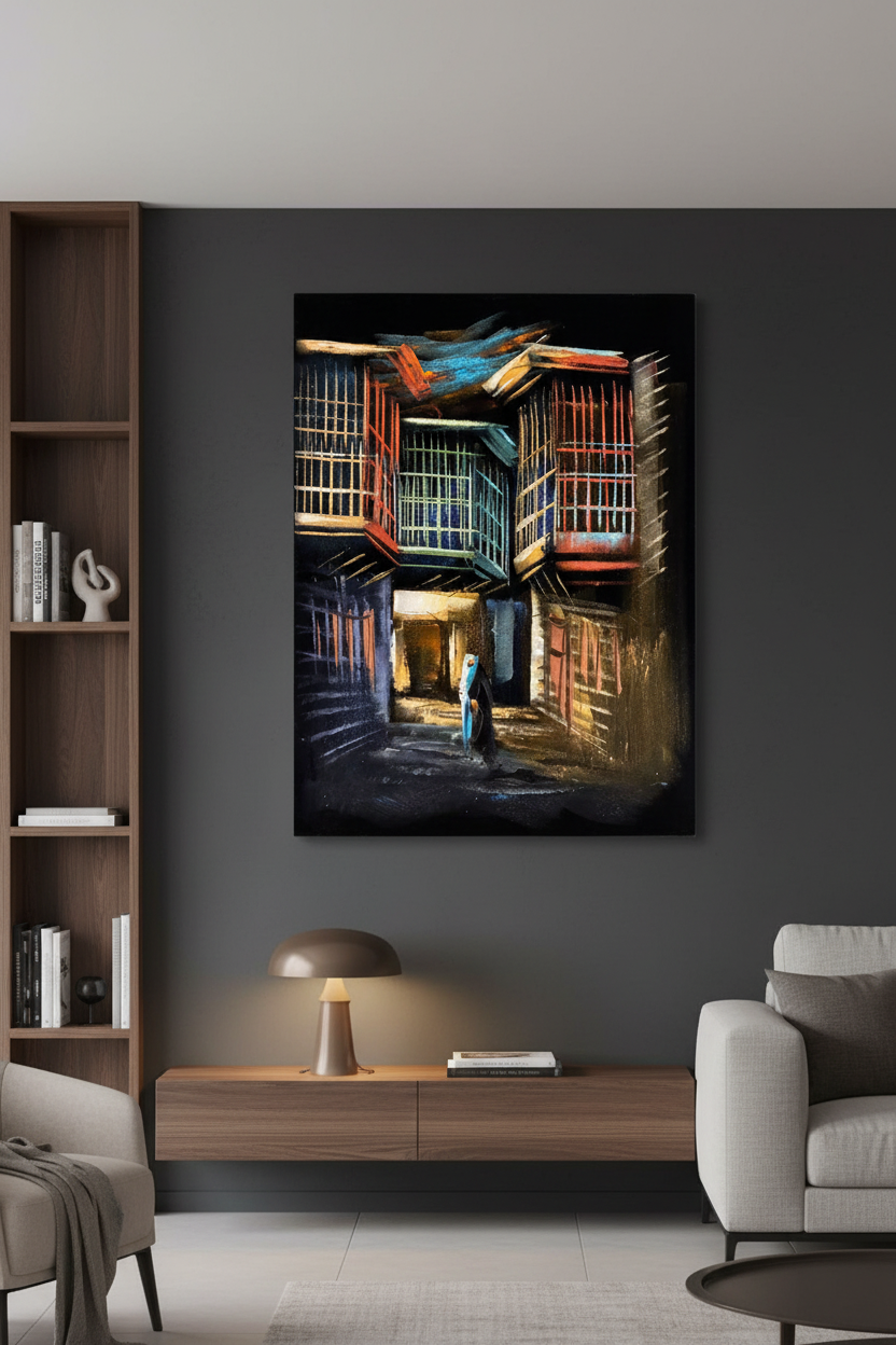 Arabian old city alley night canvas art hung on dark charcoal accent wall in sophisticated modern living room lifestyle photo