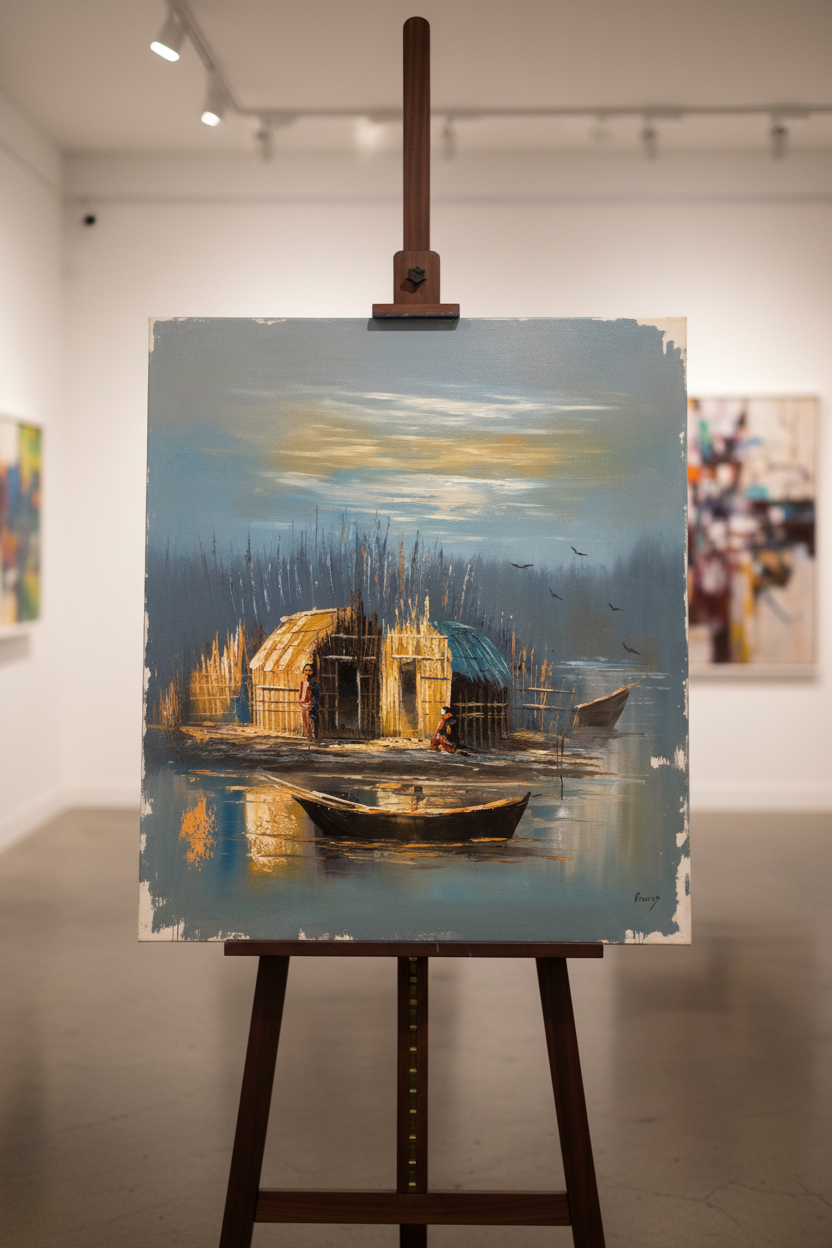 Marshland reed huts dusk oil painting on wooden art easel stand, gallery setting, no frame, correct portrait proportions