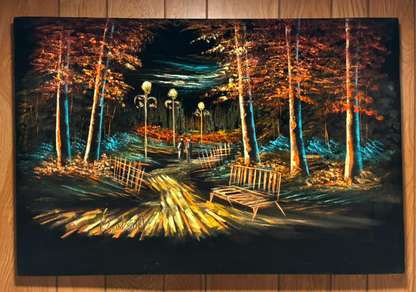 Nocturnal Park Night Scene Canvas Wall Art | Autumn Forest Lamp Path Print 35.4" × 23.6"