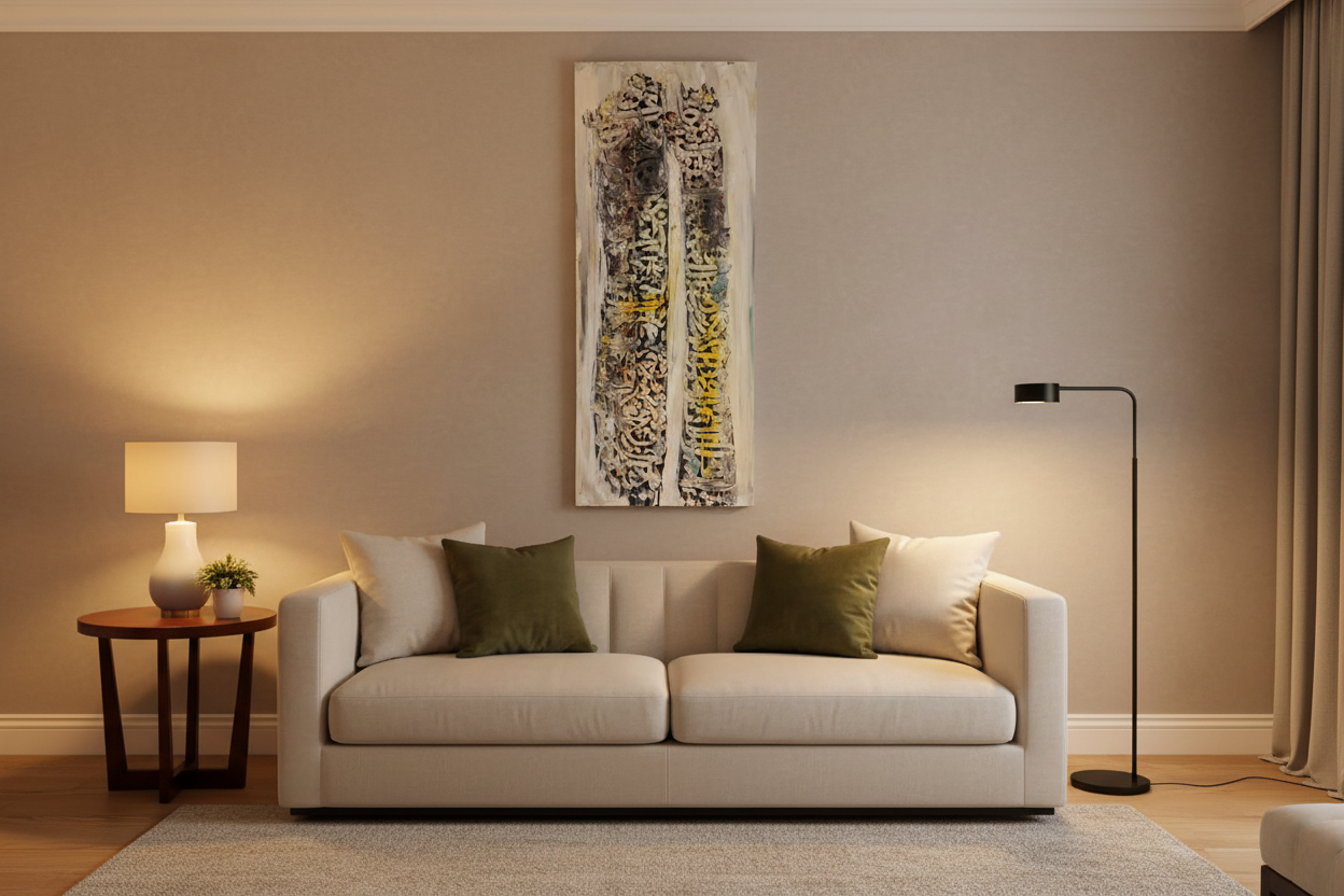 Arabic calligraphy dual column canvas wall art displayed in a modern living room, no frame