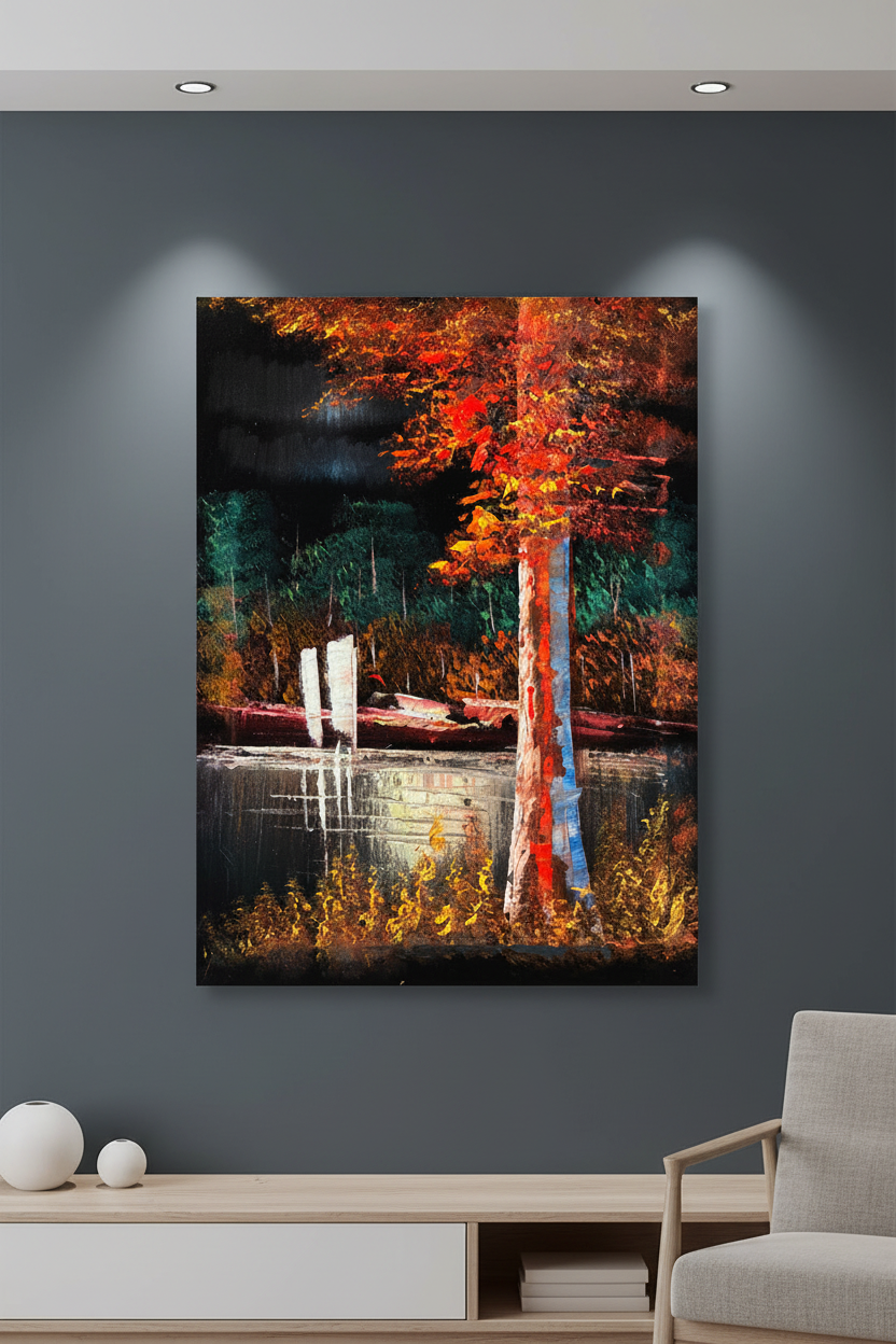 Autumn Forest by the River oil painting on deep slate grey wall in modern minimalist living room — no frame, premium interior art display