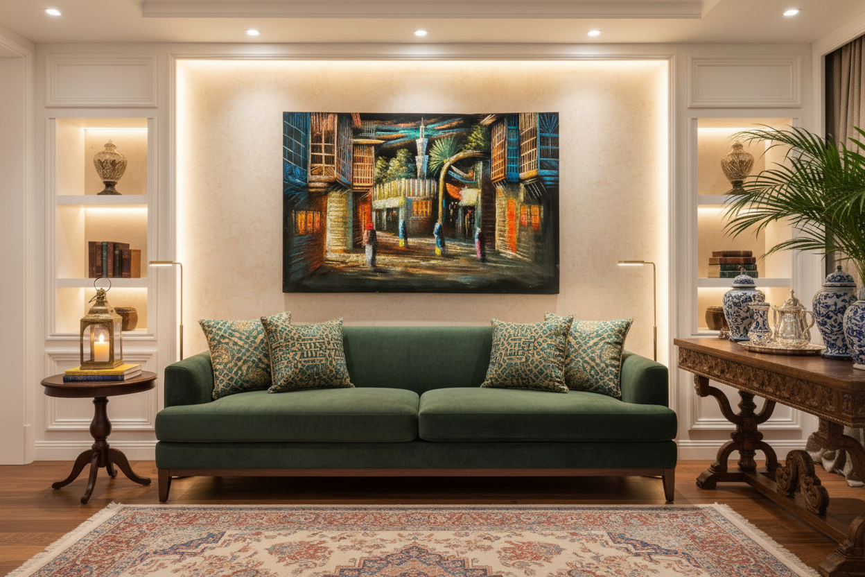 Middle Eastern souk canvas art displayed in elegant luxury living room — lifestyle interior mockup