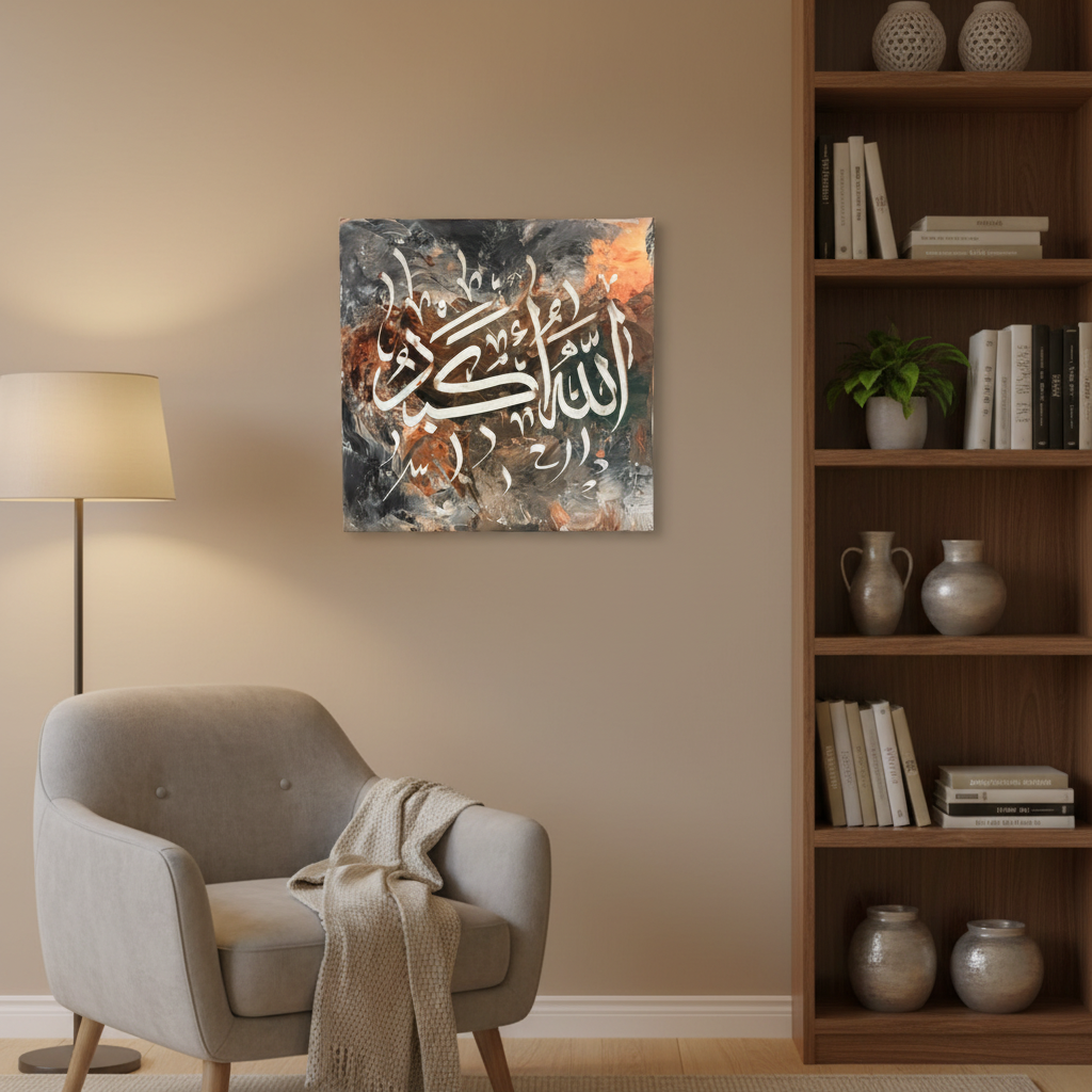 Allahu Akbar square canvas art displayed in a cozy living room corner, no frame