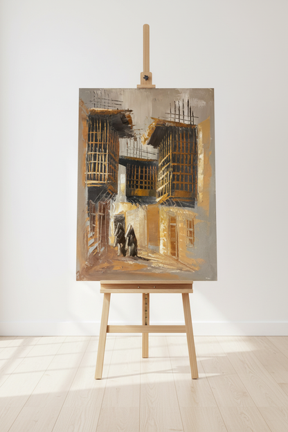 Alleyway painting displayed on wooden easel stand in minimalist studio