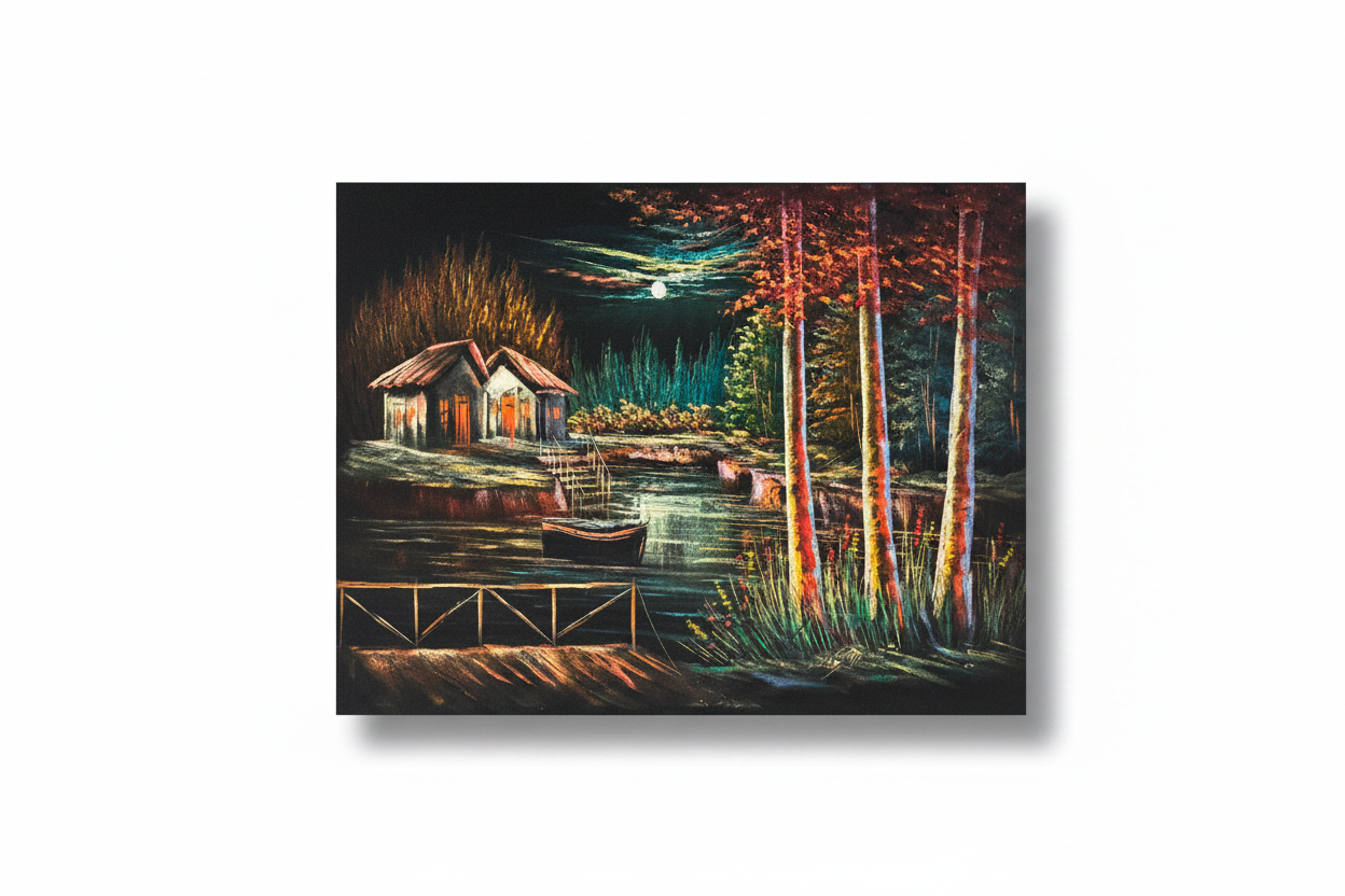 Moonlit lakeside cabin canvas art on white background with shadow — clean product view