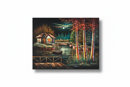 Moonlit lakeside cabin canvas art on white background with shadow — clean product view