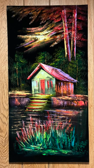 Lakeside Cottage at Dusk — Original Oil Painting on Canvas | 11.81" × 23.62"