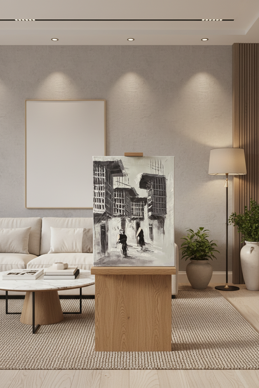 B&W narrow alleyway oil painting on wooden art stand in modern living room – no frame