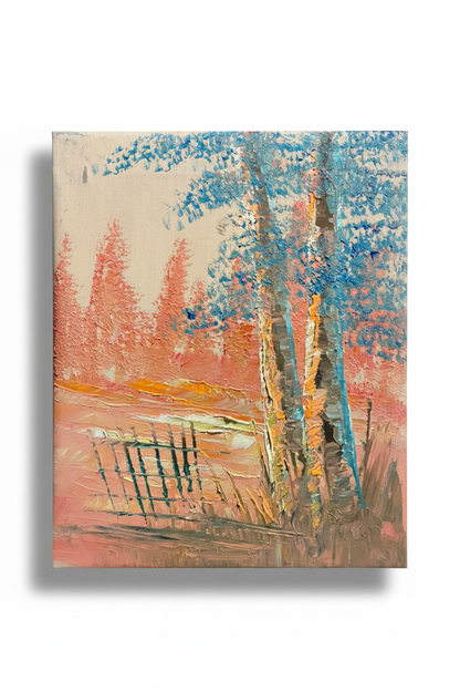 Colorful forest birch impasto oil painting isolated on white background with soft drop shadow — no frame