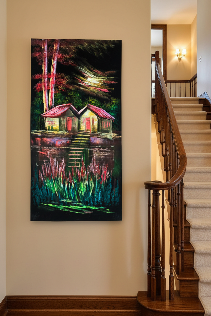 Twin Red Roof Cabins painting displayed in elegant staircase interior setting