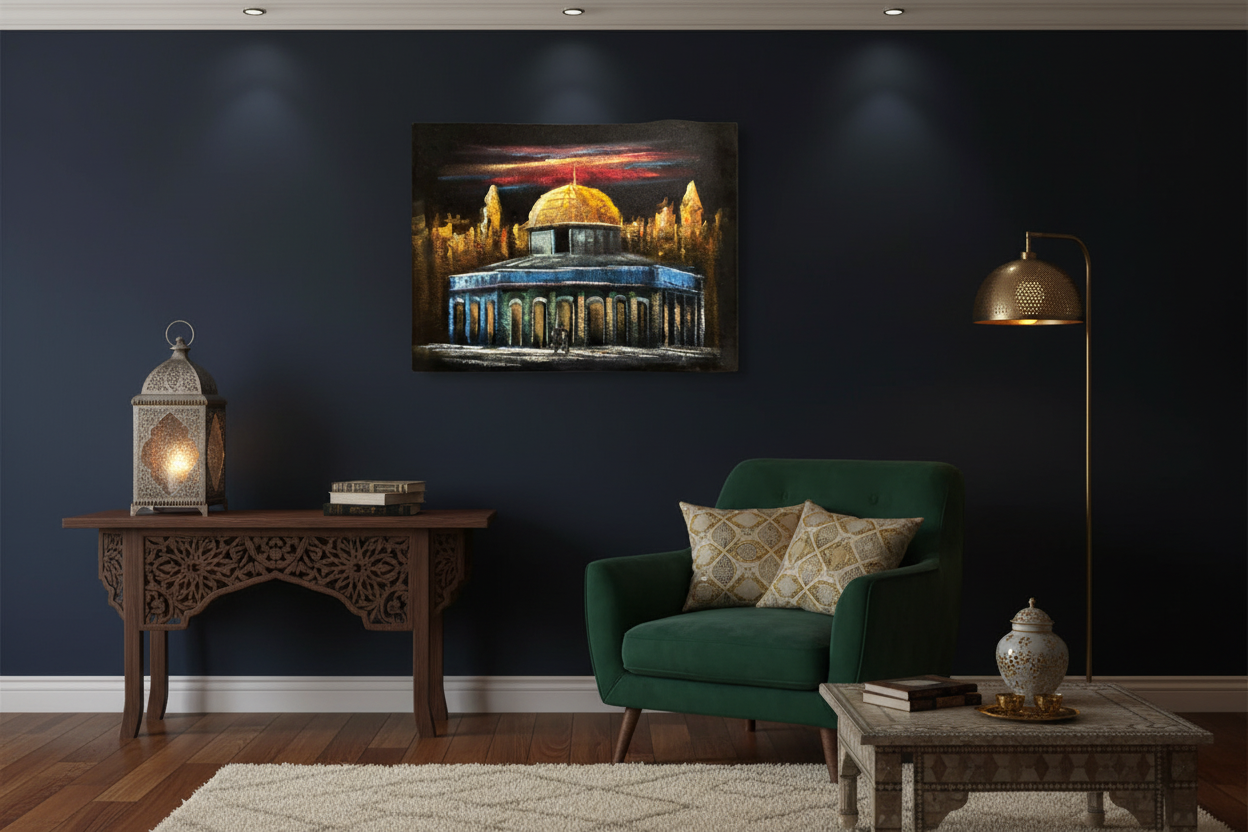 Dome of the Rock panorama night canvas art hung on deep navy wall in elegant Islamic inspired living room lifestyle photo