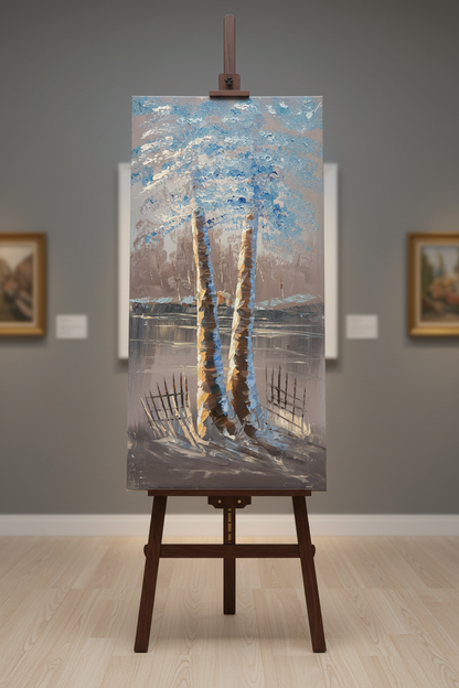 Three Trees in Winter Mist oil painting displayed on art easel stand