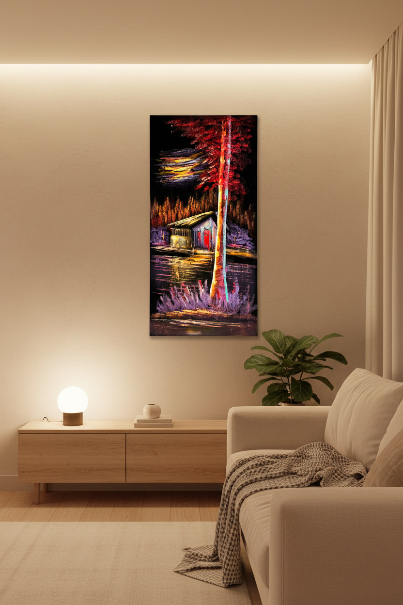 Original acrylic night landscape painting displayed unframed on a warm minimalist living room wall