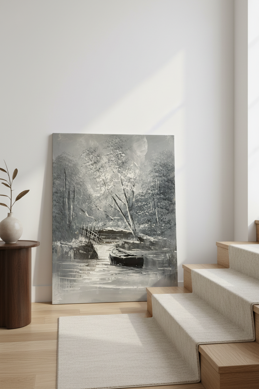 Forest canal painting leaning against wall near stairs in luxury home interior