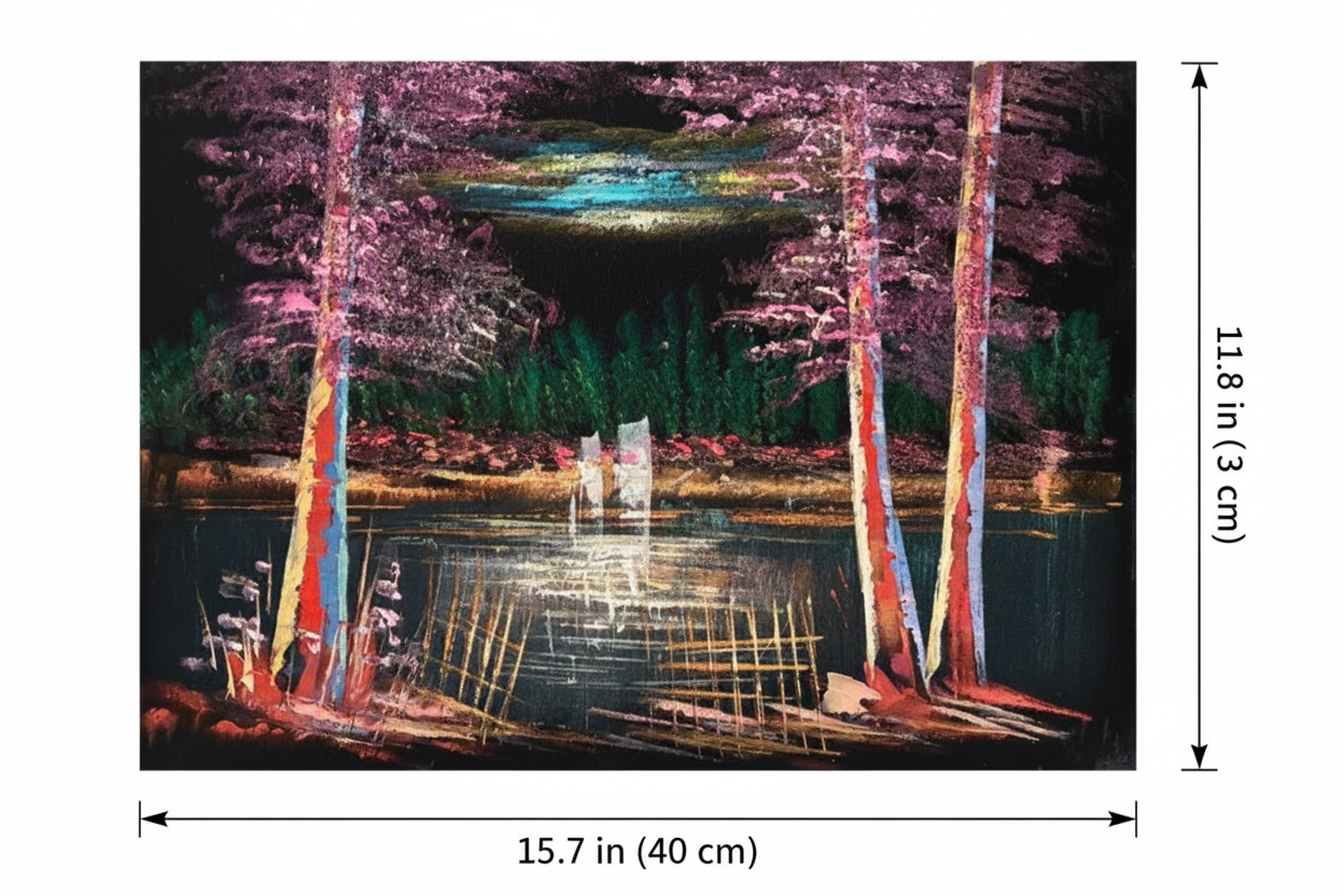 Colorful forest lake night canvas art with dimensions 15.7 inches wide x 11.8 inches tall 40cm x 30cm