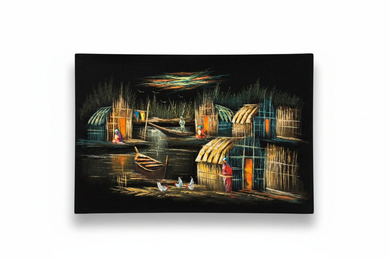 Iraqi marsh village canvas art on white background with shadow — clean product view
