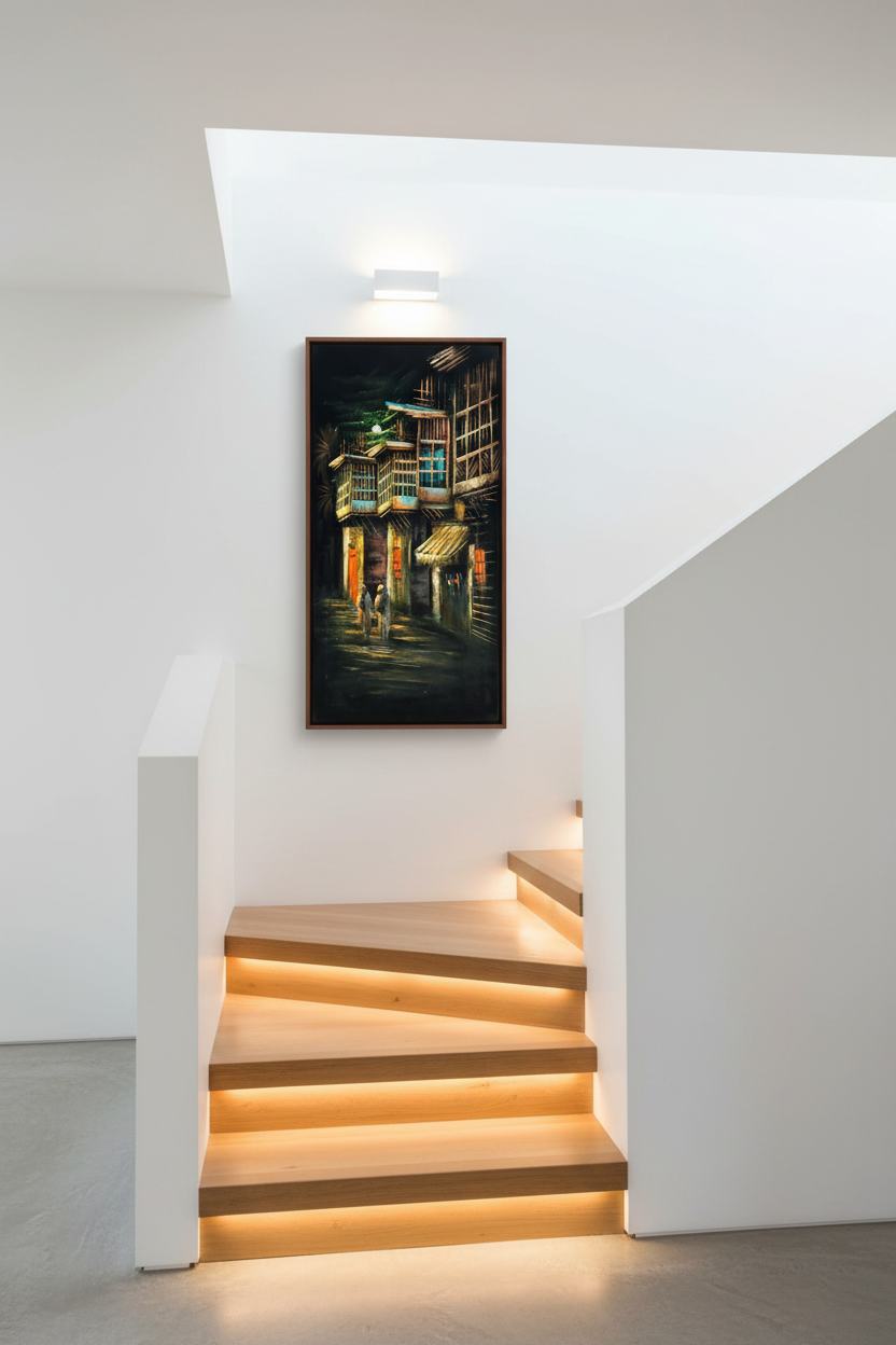 Bamboo street painting displayed on staircase wall in luxury home interior