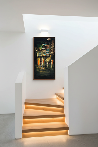 Bamboo street painting displayed on staircase wall in luxury home interior