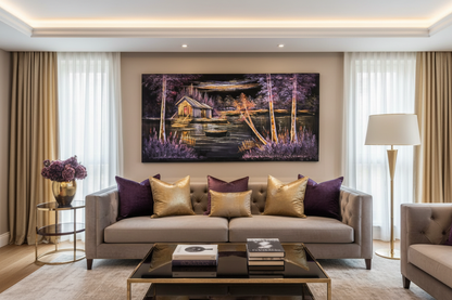 Purple and gold lakeside cabin night scene canvas wall art displayed in modern living room above sofa
