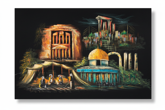 Middle Eastern heritage landmarks collage canvas art on white background with shadow — clean product view