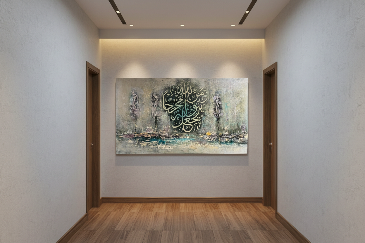 Wa Man Yatawakkal Alallah canvas displayed in an elegant hallway