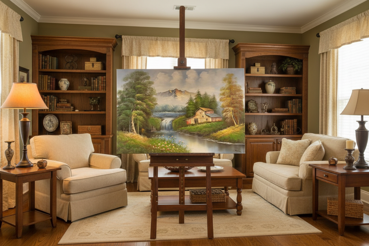 Original countryside mill waterfall oil painting on a wooden easel stand in a warm traditional living room, unframed canvas at correct scale