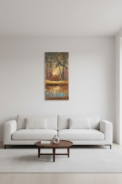 Dusk at the Woodland Fence oil painting on empty living room wall, no frame