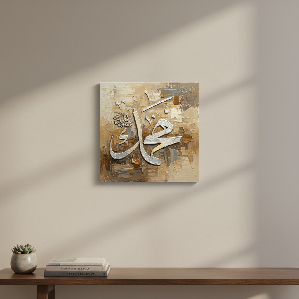 Alhamdulillah sandy beige calligraphy canvas displayed above a wooden console stand in a warm modern interior