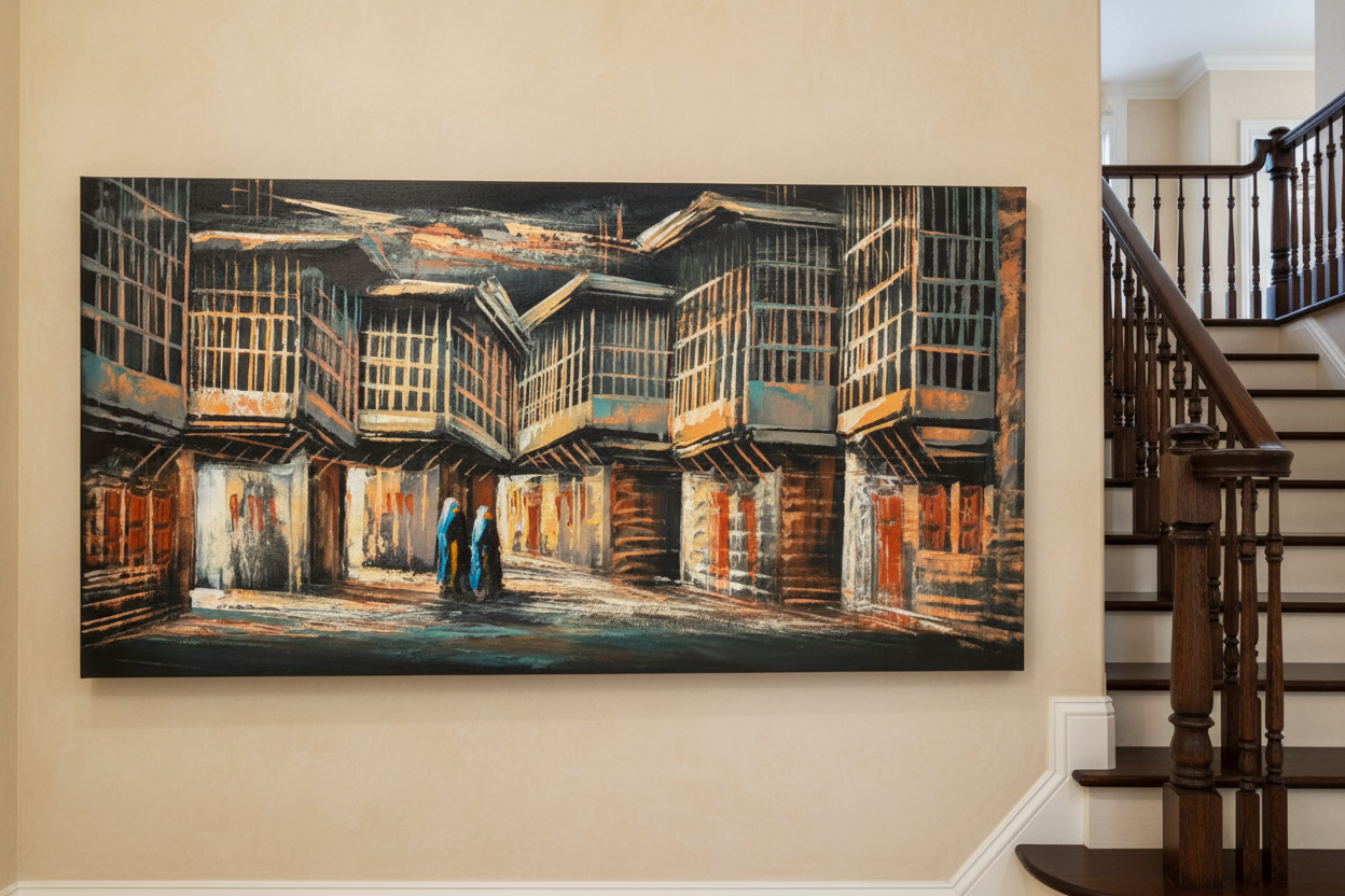 Old Bazaar Alley painting displayed in elegant staircase interior setting