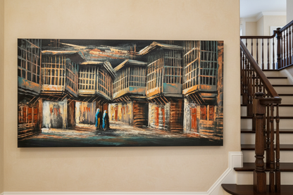 Old Bazaar Alley painting displayed in elegant staircase interior setting