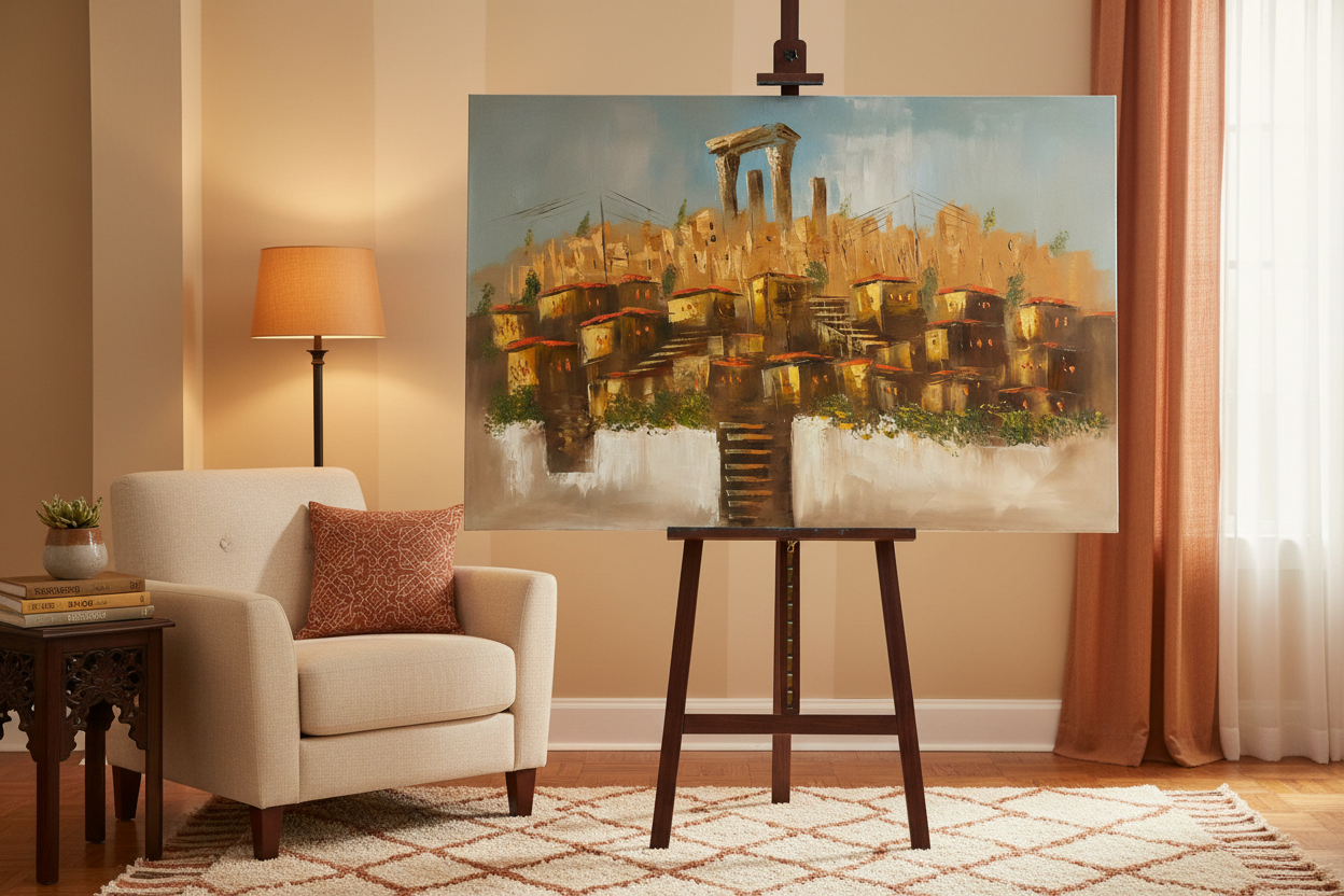 Original ancient hillside city oil painting on a wooden easel stand in a warm ochre and terracotta living room, unframed canvas at correct scale