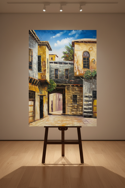 Haifa original oil painting displayed upright on a wooden art easel stand in a gallery, no frame