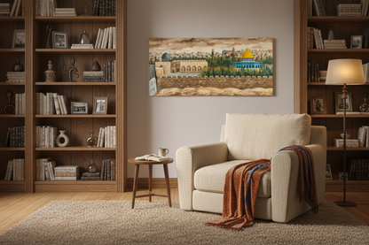 Al-Aqsa painting displayed in leaving room lifestyle setting