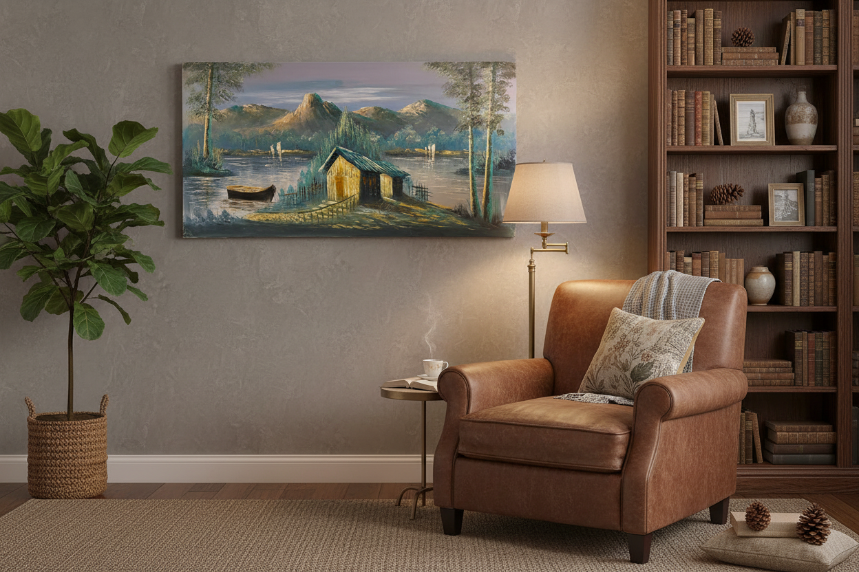 Nature painting in elegant living room lounge – lifestyle interior view