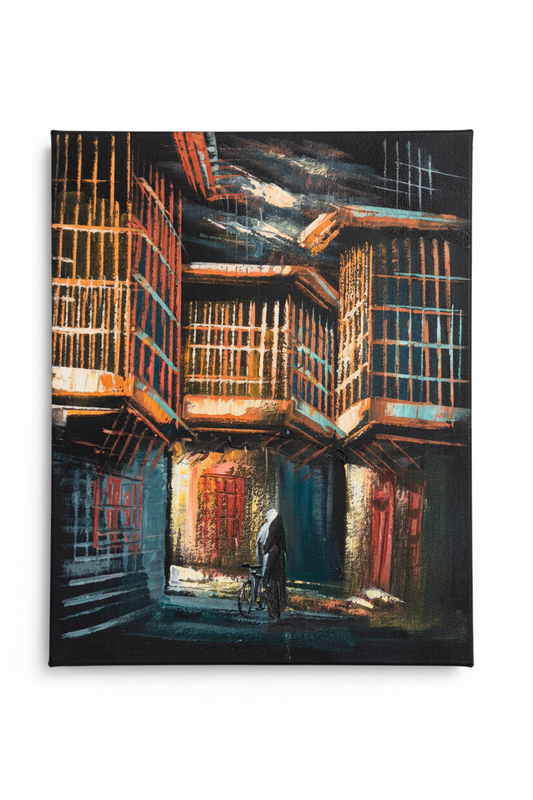 Golden mashrabiya alleyway night old city heritage canvas art on white background product photo