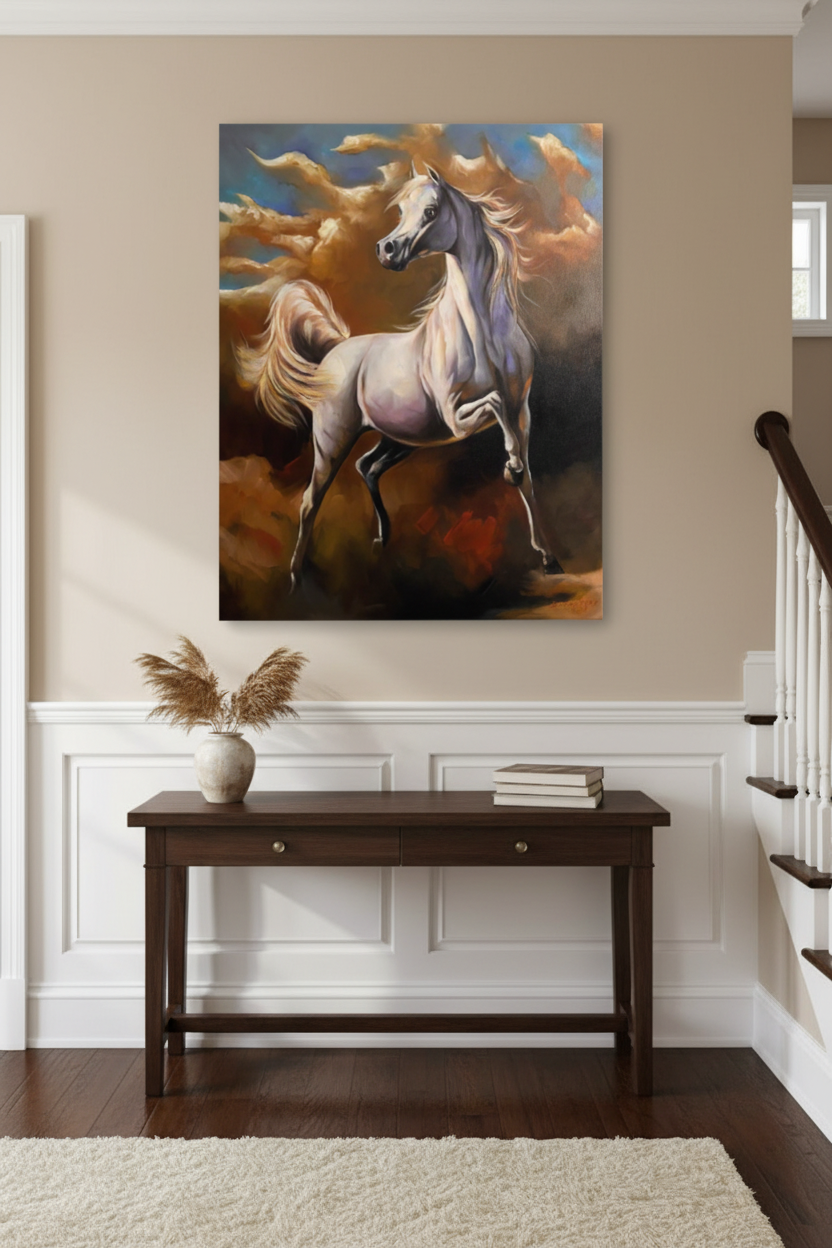 White Arabian horse rearing canvas hung on a staircase wall at realistic scale