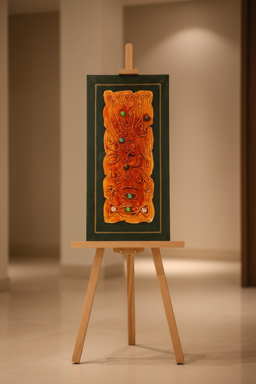 Islamic calligraphy green orange canvas displayed on art stand