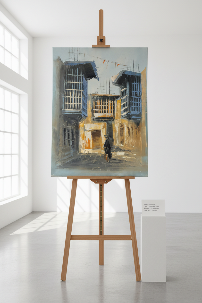 Old city alleyway painting displayed on wooden easel stand in minimalist studio
