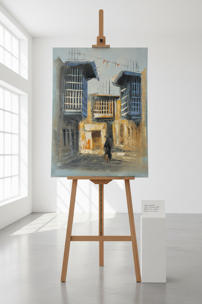 Old city alleyway painting displayed on wooden easel stand in minimalist studio